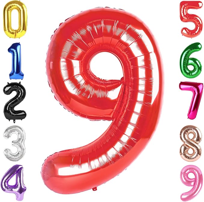 40 Inch Red Number 9 Balloon, Giant 9 Number Balloons for 9th Birthday Decorations, Party Supplies for Baby Boy Girl, Red Party Decor