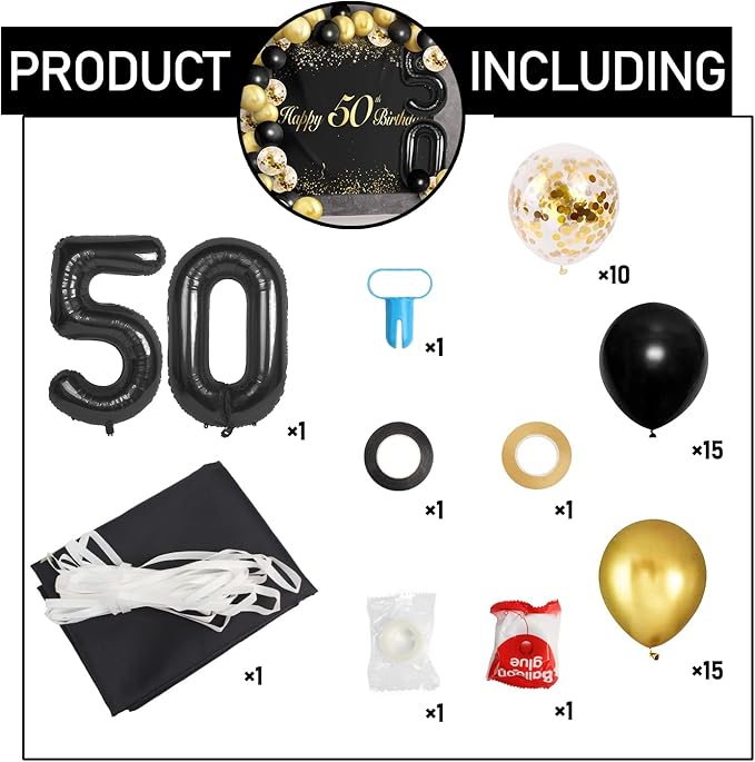 Happy 50th Birthday Balloons Black Set Decor - Cheers to 50 Years Old Party Theme Garland Banner Backdrop Decorations For Women and Men Supplies