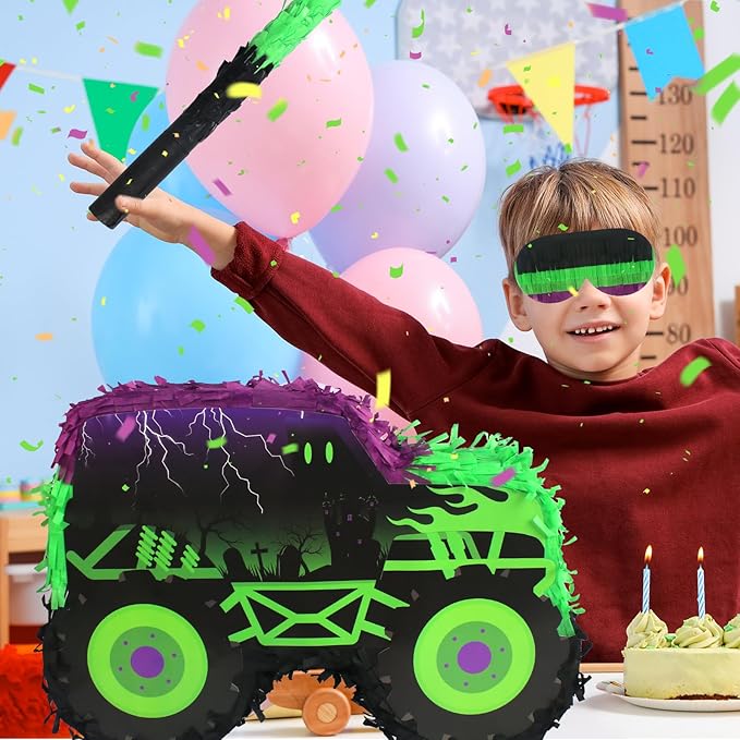 Green and Purple Monster Truck Pinata Car Pinata with Stick and Blindfold for Kids Boys Monster Truck Racing Car Birthday Party Supplies Decorations Carnival Party Favors(15.75*11*2.36 Inch,Small)