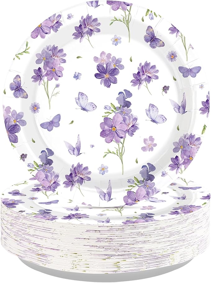 50Pcs Purple Floral Party Decorations 9" Purple Wildflowers Paper Plates Disposable Butterfly Themed Platter for Spring Flower Weddings Birthdays Baby Shower Party Supplies