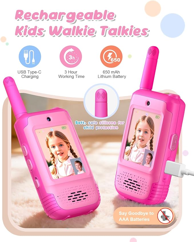 Video Walkie Talkies for Kids, Toys for Girls Ages 3-12, Kids Walkie Talkies 2 Pack with HD Video & 3 Voice Changers, Christmas Birthday Gifts for Kids Indoor Outdoor Camping Backyard Games (Pink)