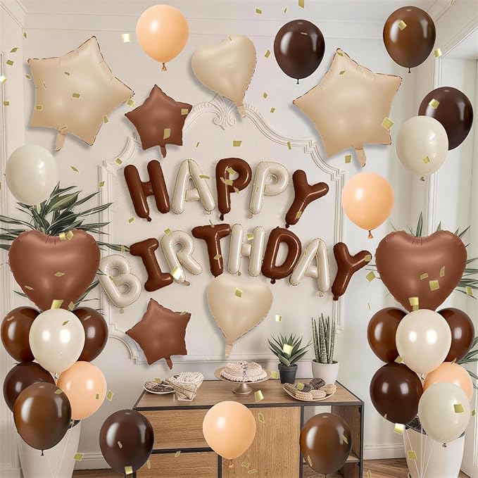 Cream Brown Birthday Decorations Boho Neutral Nude Brown Coffee Beige Apricot Sand White Balloons Happy Birthday Banner Heart Balloons 18/10 Inch Star Balloon for Women Bday Party Supplies