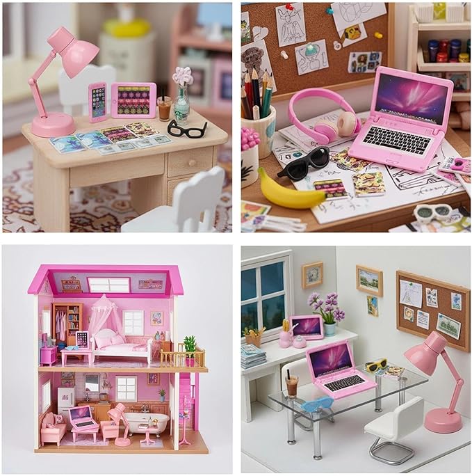 20Pcs Dollhouse Miniature Laptop Computer Tablet Phone Lamp Book Glasses Coffee Headset Simulation Accessories 1/12 1/6 Toy Pad Play Set Fits Barbie Doll Girl Mini Drink Party Office (Pink)