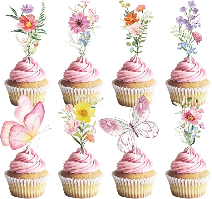 Wildflower Birthday Party Decorations - 40PCS Butterfly and Flower Baby Shower Cupcake Toppers Floral Baby in Bloom Cupcake Picks Decoration for Girls Women