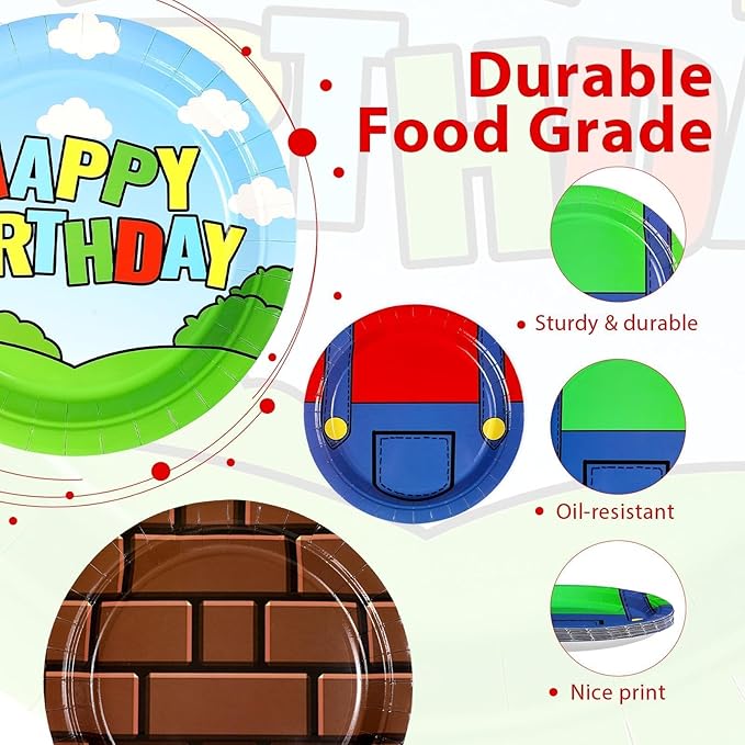 60Pcs Super Theme Brother Birthday Paper Plates 9" Heavy Duty Disposable Bros Theme Dessert Platters Cartoon Video Games Party Decorations Favors for Boys Kids Baby Shower Bro Birthday Party Supplies
