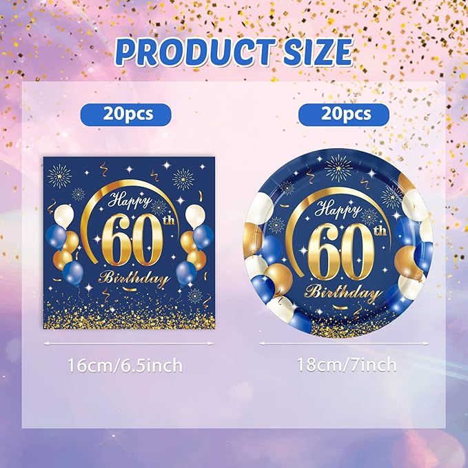 40PCS 60 Birthday Decorations for Men Navy Blue and Gold 60th Birthday Party Disposable Dinnerware Set Plates, Paper Napkins Party Supplies for Men Cheers to 60 Years