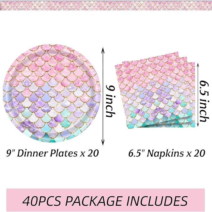40 Pcs Mermaid Birthday Party Decorations Plates Set for 20 Guests,Little Mermaid Party Supplies Ocean under the Sea Party Tableware Plate and Napkins for Princess Girls Baby Shower