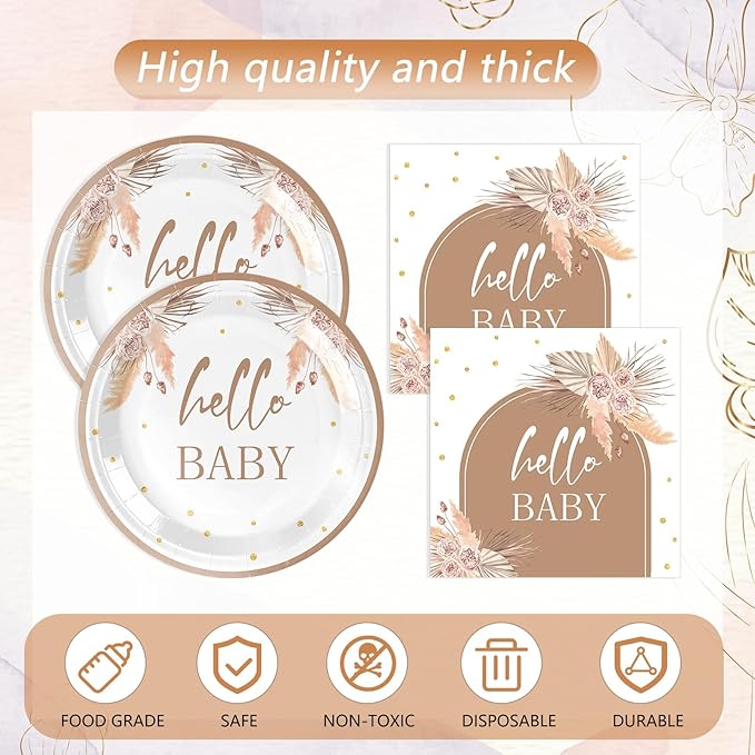 41Pcs Boho Baby Shower Decorations Bohemian Floral Pampas Grass Theme Tableware Neutral Birthday Decorations Boho Flower Paper Plates Napkins Tablecloth丨Boy Girl Birthday Baby Shower Party,Serves 20