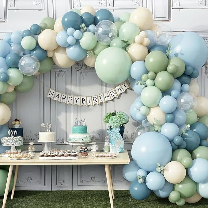 Sage Green and Blue Balloons, 50 Pcs 12 Inch Olive Green Dusty Blue Haze Beige White Transparent Party Balloons for Kids Baby Boy Shower Rabbit Boho Bridal Shower Wedding Birthday Party Decorations