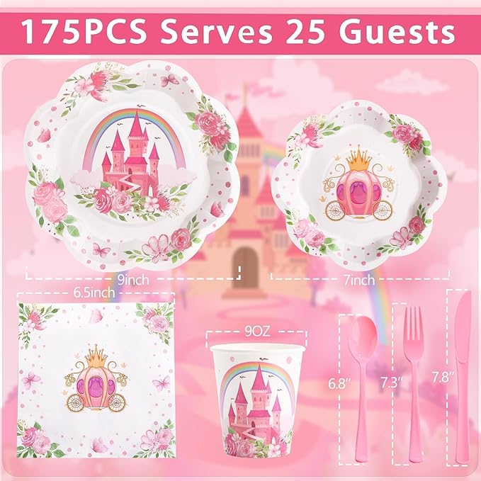 175PCS Pink Princess Birthday Party Decorations, Pink Four Ever a Princess Plates and Napkins Party Supplies, Scalloped Castle Paper Plates Disposable for Baby Shower Girl Birthday Party Decorations