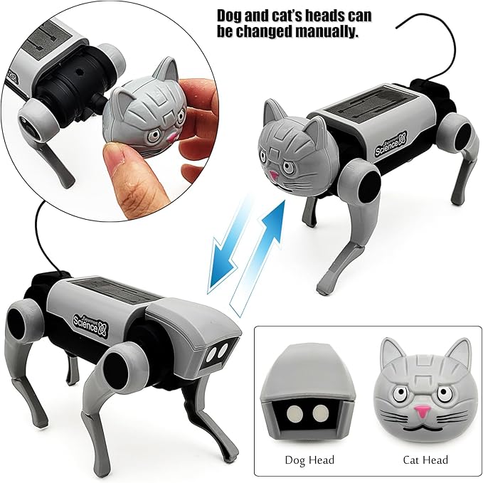 Tipmant Electric Remote Control Robot Dog RC Mechanical Animal Vehicle Electronic Pets, DIY Installation, Dog Cat 2 Heads, Kids Birthday Gifts