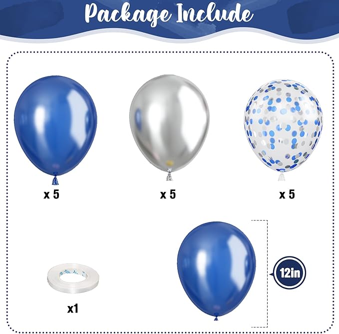 Navy Blue and Silver Balloons, 12 Inch Dark Midnight Blue Metallic Silver Latex Balloons Set for Boys Baby Shower Men Birthday 2026 Graduation Fathers Day Anniversary Denim Party Decorations