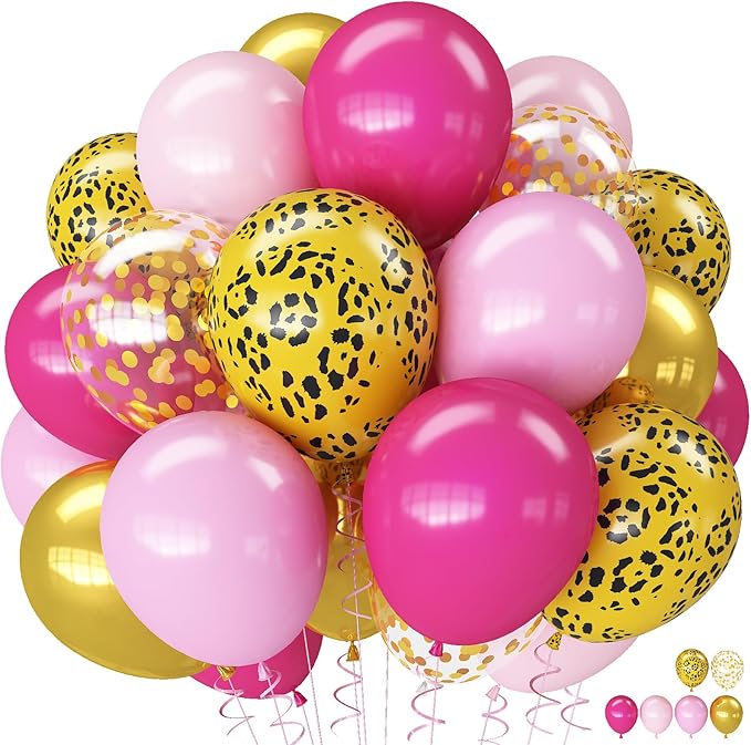 Hot Pink Cheetah Balloons, 60Pcs 12Inch Light Pink Metallic Gold & Leopard Print Balloons with Confetti Latex Balloon for Girl Women Birthday Bachelorette Baby Shower Safari Animal Theme Party Decor