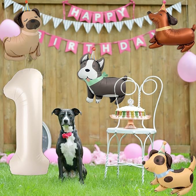 Animal Dog Balloons Puppy Balloon 40 Inch Cream White Number 1 Balloons for Dog 1st Birthday Decorations Dogs Birthday Party Supplies
