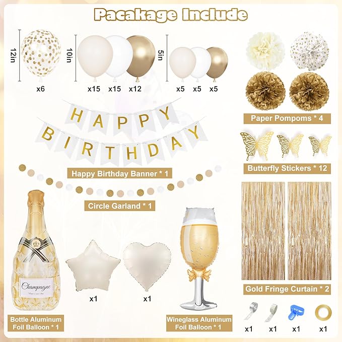 Ouddy Life White Gold Birthday Party Decorations Kit for Women Girls, Happy Birthday Banner, Sand White Metallic Gold Foil Confetti Balloons, Fringe Curtain, Cake Topper, Pompoms, Butterfly Supplies