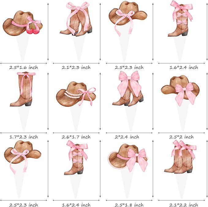Cowgirl Boots and Hat Pink Bow Cupcake Toppers Coquette Cowgirl Cake Decorations 48PCS Boots and Hats Cupcake Picks Western Cowgirl Birthday Decorations for Girls Wild West Rodeo Party Supplies