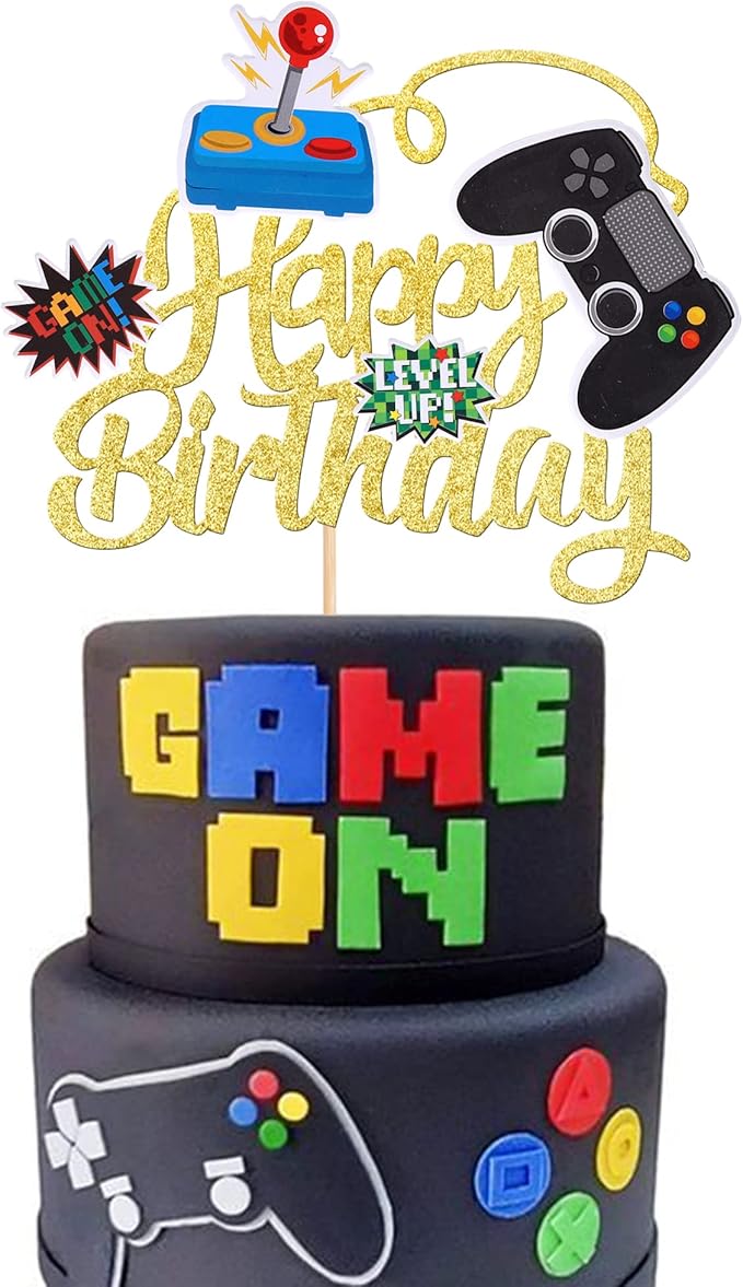 1 PCS Video Game Cake Topper Glitter GamePad Game On Controllers Happy Birthday Cake Pick for Game Theme Baby Shower Kids Boys Girls Birthday Party Cake Decorations Supplies Gold