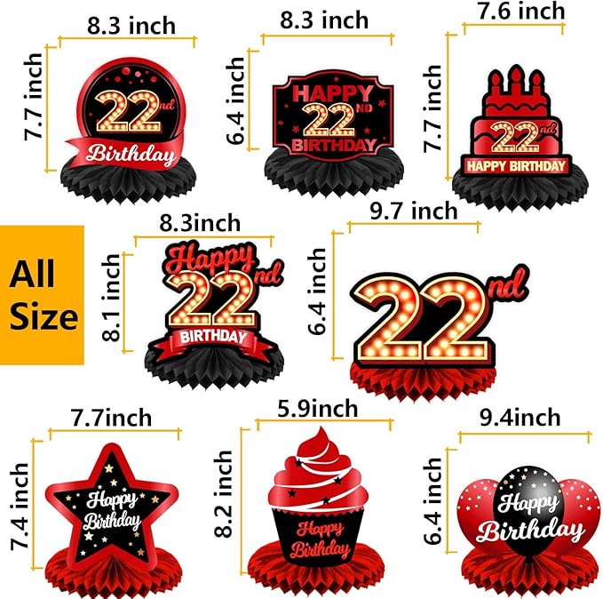 Happy 22nd Birthday Red and Black Table Honeycomb Centerpieces Balloons Theme Decor Table Decorations Table Toppers for Girls Women Princess 22 Years Old Birthday Party Bday Supplies Background Gold