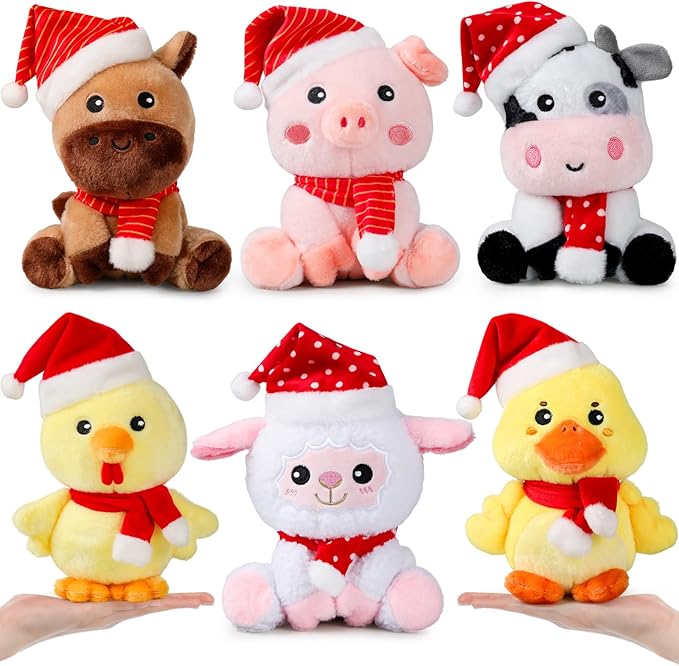 6 Pcs 7 Inch Large Farm Animals Bulk with Red Hat & Scarf Horse Sheep Cow Duck Chick Pig Stuffed Animals Toys for Woodland Baby Showers Party Decor Birthday Gifts Classroom Prize