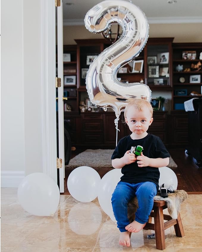 Silver Number 2 Balloon 40 Inch, 2nd Birthday Decoration for Toddlers Girls Boys, Sparkling 2 Number Balloon Party Decor