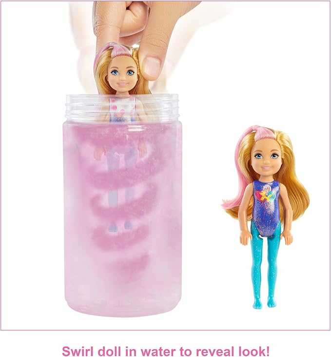 Barbie Chelsea Color Reveal Doll & Accessories, 6 Surprises Include Small Doll, Clothes & Color Change on Hair (Styles May Vary)