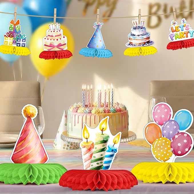 Horaldaily 10PCS Birthday Party Table Decoration Centerpieces, Colorful Cupcake Balloons Sign Honeycomb Centerpieces Table Toppers for Home Classroom School Boys Girls Baby Shower Birthday Supplies