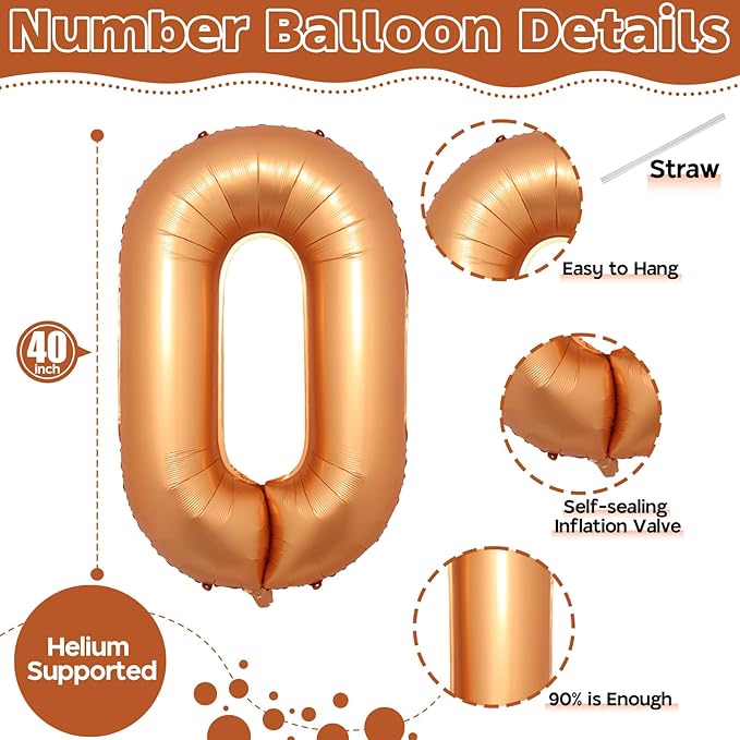 40 Inch Orange Number 0 Balloon, Foil 0 Number Balloons Decor, Giant Self Inflating Helium 0 Balloons for Boys Girls Birthday Party Baby Shower Anniversary Celebration Party Decorations Supplies