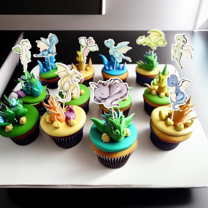 Ephlyn 36Pcs Dragon Party Cupcake Toppers Dragon Birthday Party Decoration Fantasy Dragon Cake Decorations for Flying Dragon Baby Shower Supplies