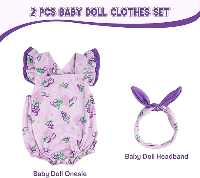 BABESIDE 2 Pcs Reborn Baby Doll Clothes Set for 17-22 Inch Babydolls, Fruit Pattern Baby Dolls Clothes Accessories with Headband for Realistic Babydoll Girl, Purple Grapes