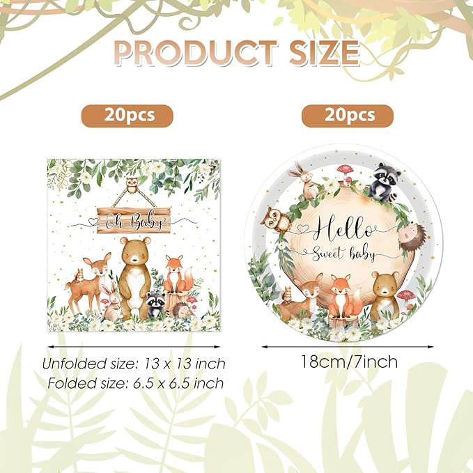 40PCS Woodland Animals Baby Shower Decoration Include Woodland Plates and Napkins Set for Forest Animal Neutral Gender Reveal Party Supplies Woodland Themed Birthday Party, Serves 20
