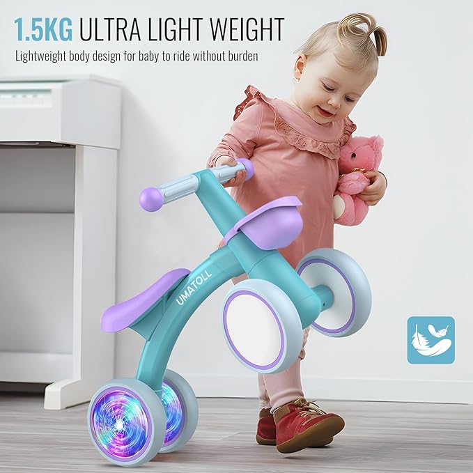 Umatoll Colorful Lighting Baby Balance Bike Toys for 1 Year Old Boys Gifts, Adjustable Seat Baby Walker, One Year Old Boy Birthday Gifts, 12-24 Months Toddler First Ride on Toys with Removable Basket