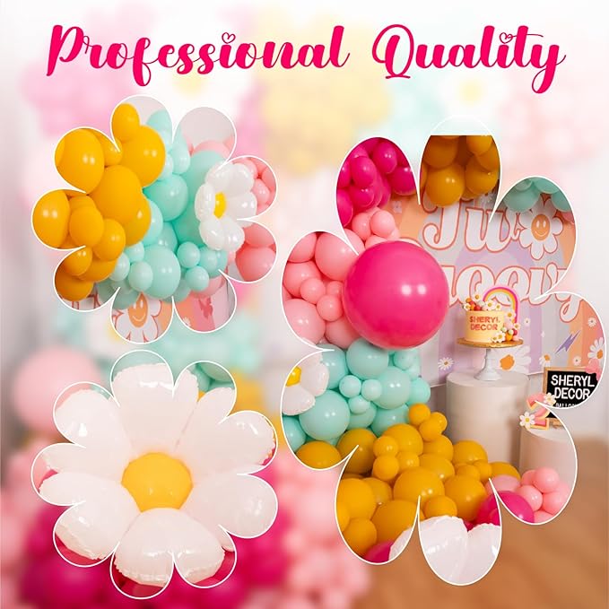 ALL-IN-1 Daisy Balloons Garland Kit & Arch with BONUS Daisies – Small and Large Pastel Pink Green Yellow Two Groovy Balloons – Daisy Party Decorations for Birthday or Baby Shower – Hippie Retro Floral