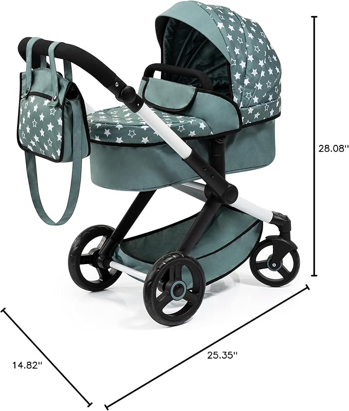 Bayer: Pram Xeo: Stars Green & White - Matching Handbag, Adjustable Handle, Dolls Up to 20", Ages 3+ | Baby Dolls | Dress Up