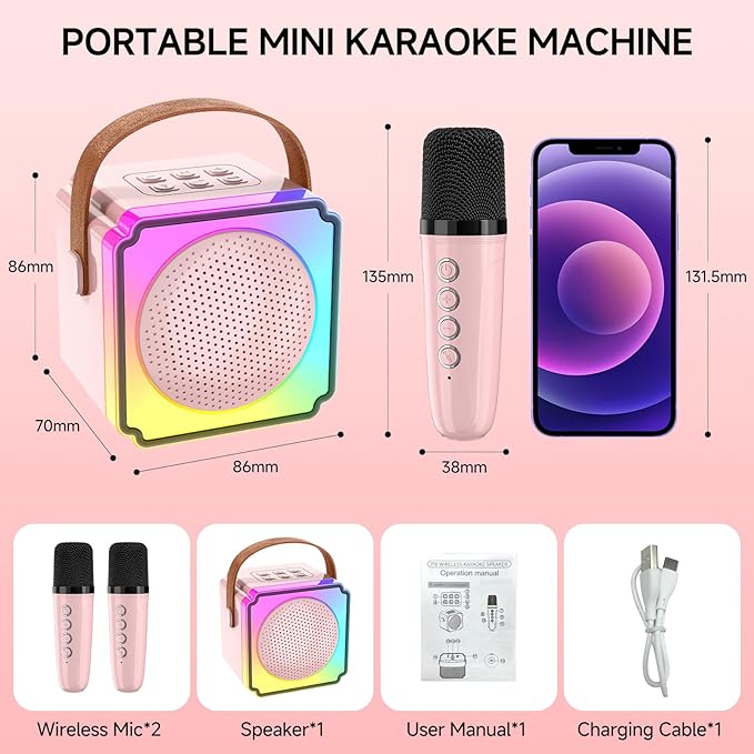 Mini Karaoke Machine with 2 Wireless Microphones for Kids and Adults,Portable Karaoke Machine with Voice Changer,Birthday Gifts for Girls and Boys
