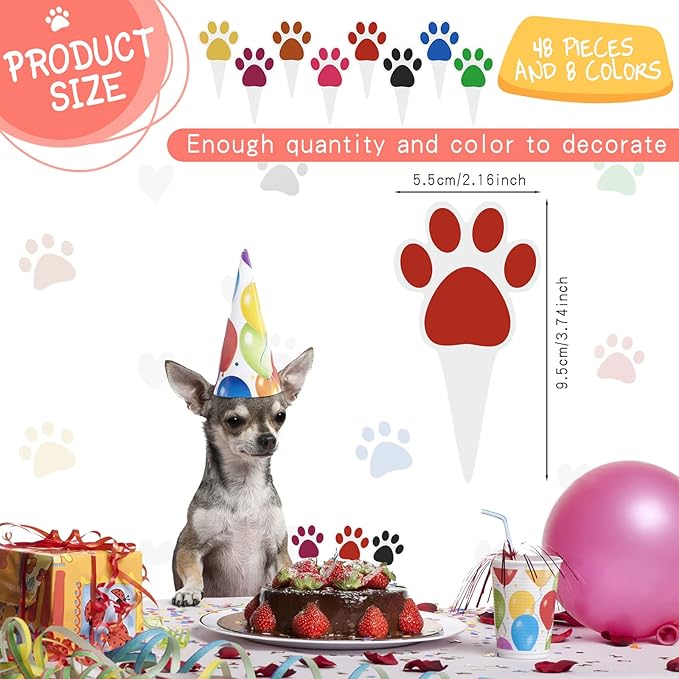 48 Pcs Paw Cake Topper 8 Color Paw Print Cupcake Topper Dog Birthday Party Supplies Dog Pet Puppy Dog Birthday Party Decorations