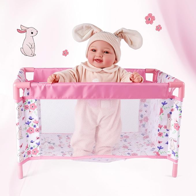Reborn Baby Dolls Crib, Babys Doll Bed for 18 Inch Baby Dolls, Removable Babys Doll Playpen Toy Crib, Reborn Baby Doll Accessories with Storage Bag, Toy Gift for Kids Ages 3+