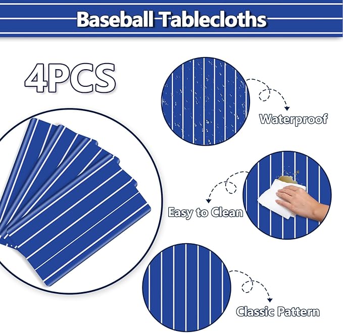 4 Pcs Plastic Baseball Tablecloths, Rectangle Blue Stripe Party Table Cloth for Baseball Game Day Sports Theme Party Supplies, 51 x 86 Inches