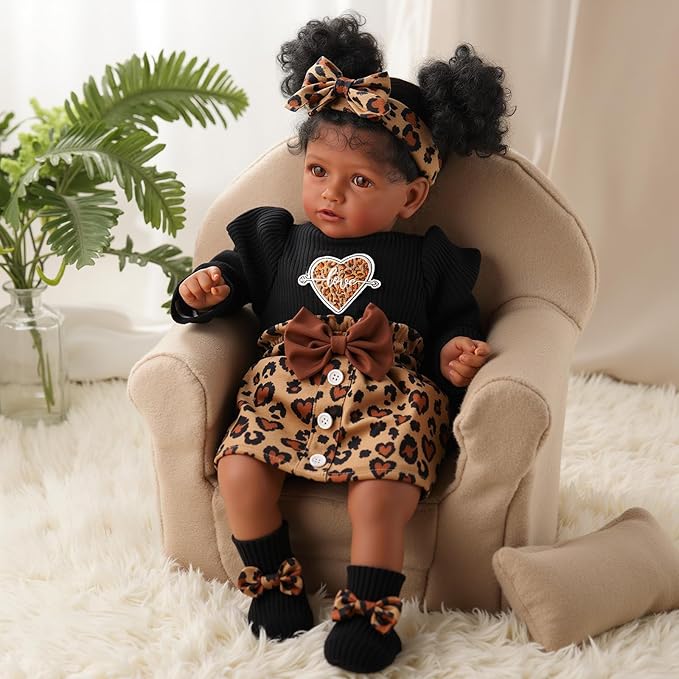 BABESIDE 5-Piece Reborn Baby Doll Clothes Set Fits 17-22 Inch Dolls with Leopard Dress, Headband, Coat, Baby Doll Reusable Diaper and Socks,Pretend Play Gift for Girls Kids Birthday Christmas