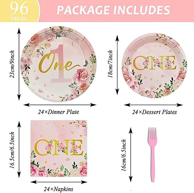 96PCS 1st Birthday Party Supplies Tableware Kit for 24 Guests pink Birthday Party Decorations Theme Party Table Supplies Pack Includes Plates ,Napkins, plastic forks