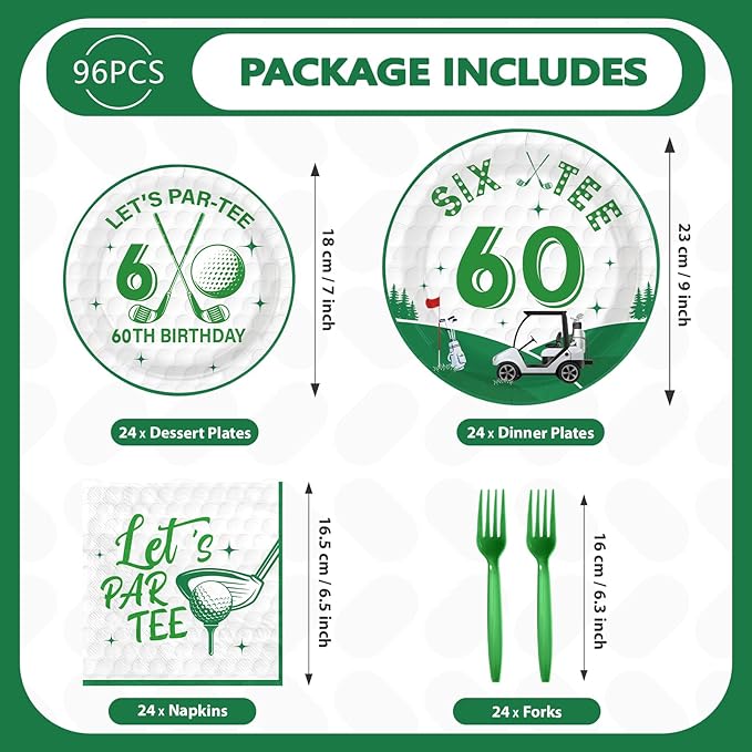 96Pcs Golf 60th Party Decorations for Men Golf 60th Birthday Paper Plates and Napkins Sets Sports Theme Decoration for Golfer Fans Sixty 60 Years Old Party Supplies Serve 24