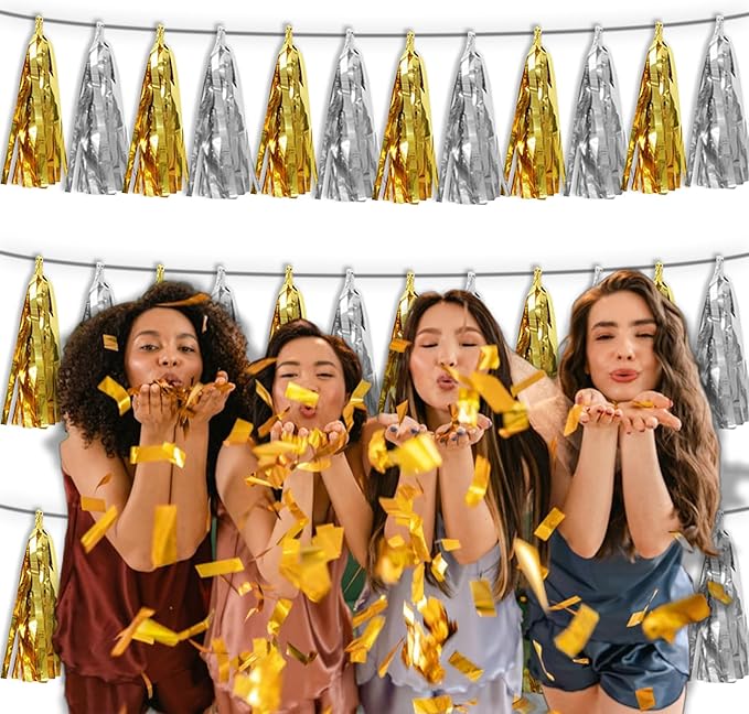 3P Gold Silver Metallic Fringe Tassel Banner Garland Foil Tinsel Streamer Wall Hanging Curtain Backdrop Banner for Parade Floats, Graduation Decorations, Father' Day, Halloween, Christmas Decorations