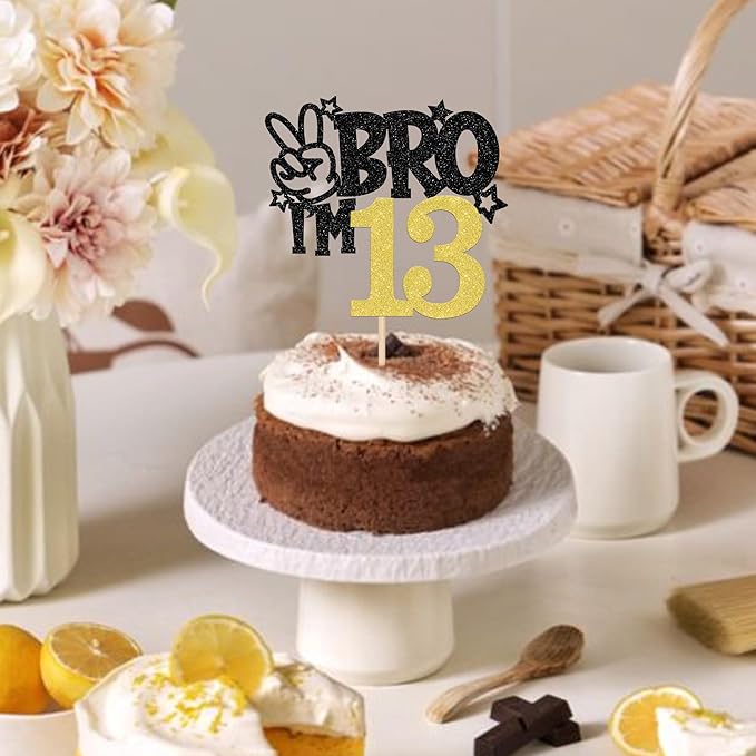 1 PCS Brother I'm 13 Cake Topper Glitter Star Happy 13th Birthday Cake Pick Bro I'm 13 Cake Decoration It's My 13th Birthday Decorations for Boys Cheers to 13 Years Old Birthday Party Supplies Gold