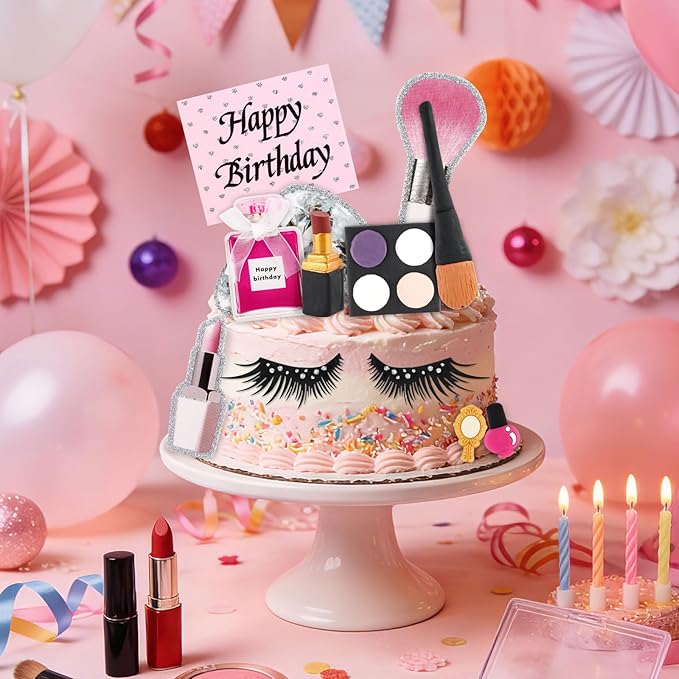 Hooqict 12Pcs Makeup Cake Decorations Set with Mini Lipstick, Mirror, Makeup Tools, Spa Birthday Party Cake Toppers & Cupcake Toppers for Girls Women Spa Birthday Party Supplies