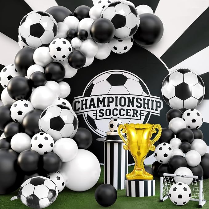 Soccer Balloon Garland Arch Kit, 98Pcs 18 12 10 5 inch Black White Soccer Balloons with 18inch Football Foil Balloons for Sports Theme Soccer Party Decorations