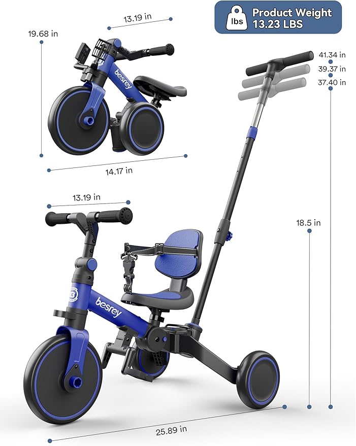 besrey 4 in 1 Toddler Bike, Toddler Tricycle for 1-3 Year Old, Trike with Push Handle, Backrest and Safety Belt, Birthday Gifts and Toys for Boys and Girls, Balance Bike (Dark Blue)