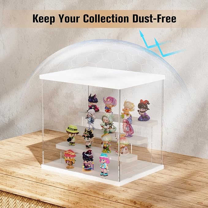 Nynelly Acrylic Lighted Display Case for Collectibles, 4 Tier Figure Display Box with Door and Steps, Assemble Dustproof LED Showcase Storage Box for Mini Figures, Funko Pop, Toys, White