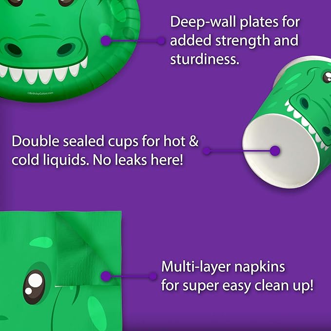 Alligator Birthday Party Supplies - Baby Alligator Tableware Set for Boy's Birthday - Kit Includes Plates, Napkins and Cups - For 16 Guests