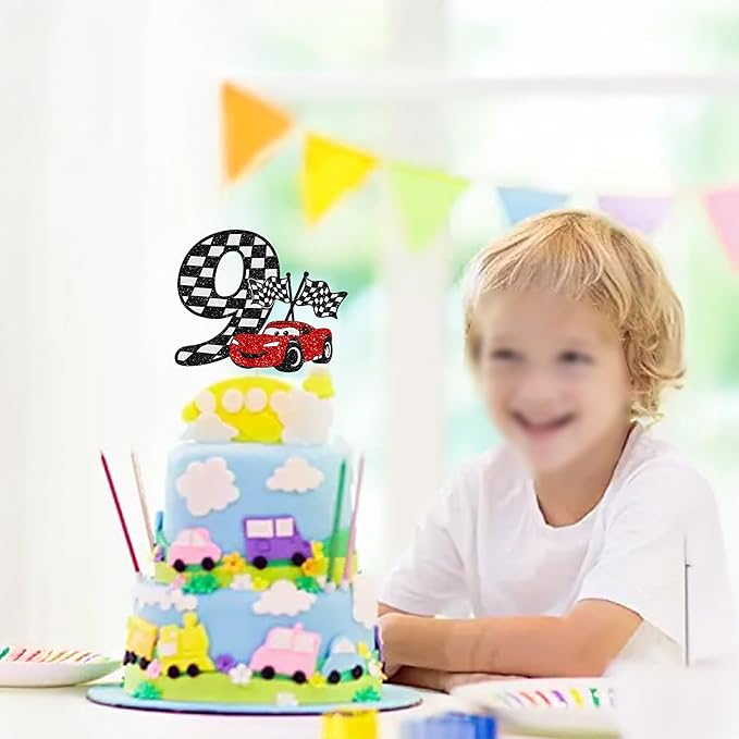 Gyufise 1Pc Race Car 9th Cake Topper Glitter 9th Racing Car Birthday Cake Topper Decoration for Racing Car Checkered Flag Themed Girl Boy 9 Years Birthday Party Supplies