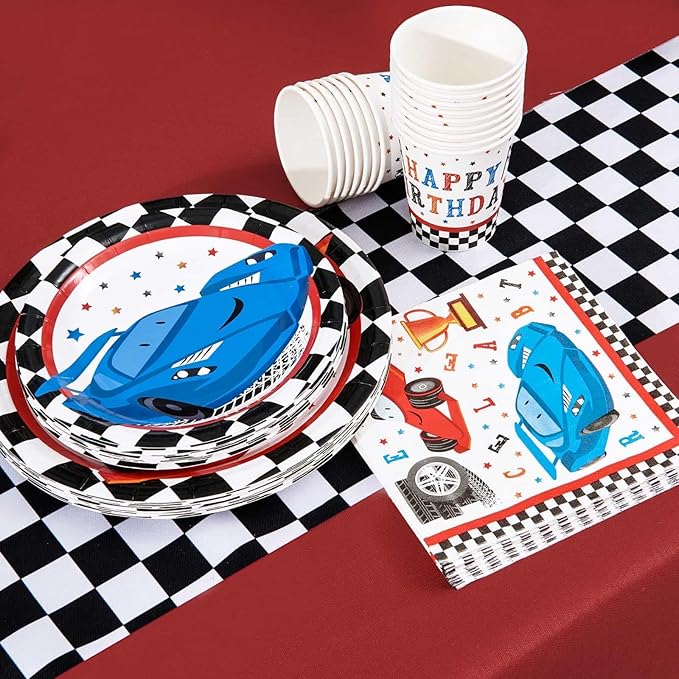 WERNNSAI Race Car Party Decorations - 64 PCS Car Plates Napkins Cups Black and White Checkered Themed Dinnerware for Kids Boys Two Fast irthday Supplies Favors Serves 16 Guests
