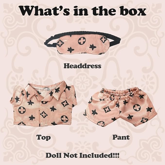 Clothes Compatible with LABUBU Doll - 3PCS Classic Set, 17cm Doll Clothes Designer Outfit for Cozy Night Theme, Stylish Luxury Pajama Accessories for Labubu, No Doll (Rosy Sleepwear Set)
